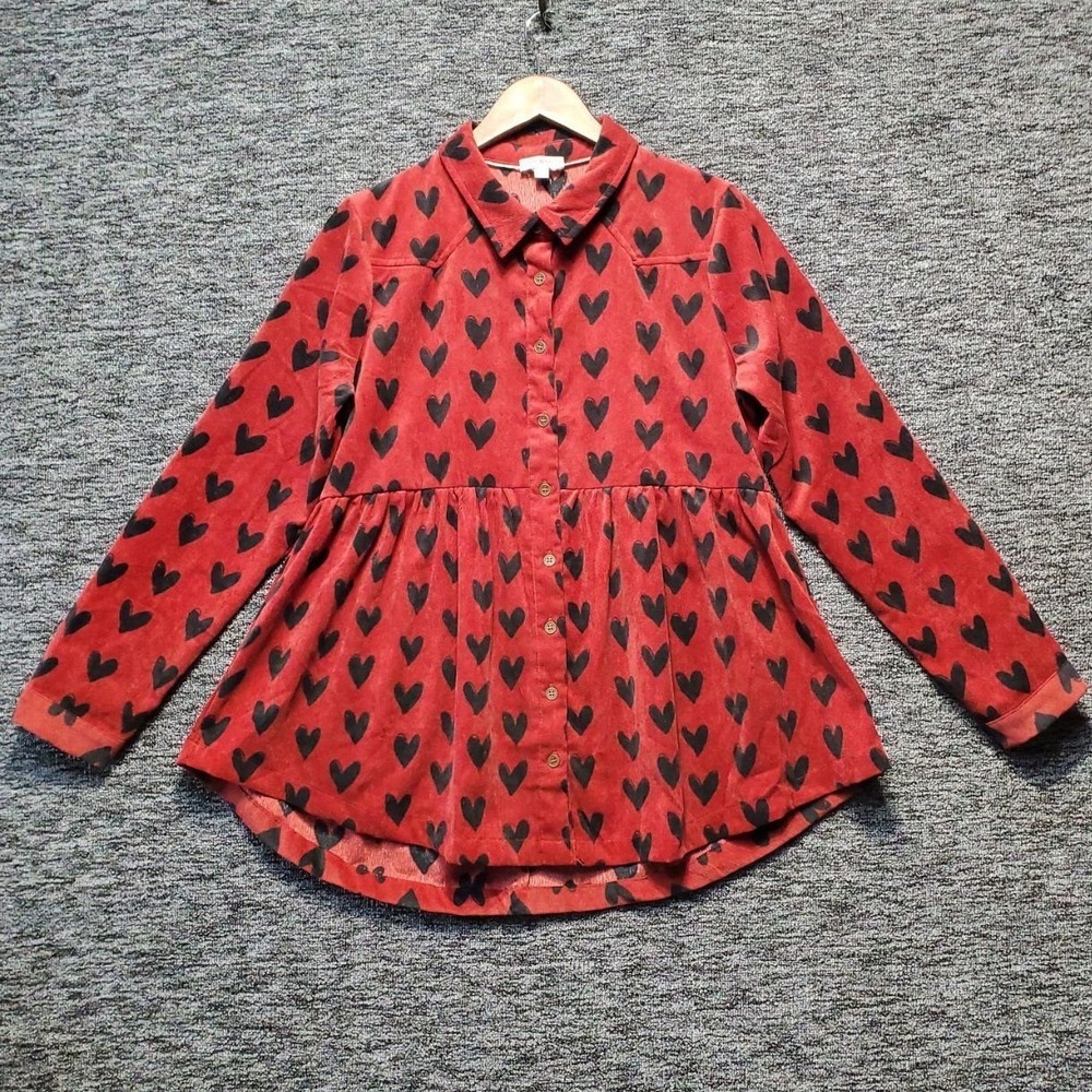 Umgee Corduroy Heart Button Down Tunic Top Women Small Red Black Babydoll Peplum
